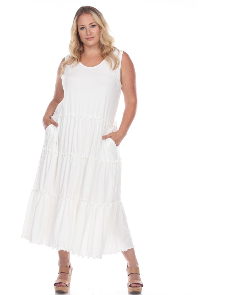 Front of a model wearing a size 1X Scoop Neck Tiered Midi Dress in White by White Mark. | dia_product_style_image_id:246710